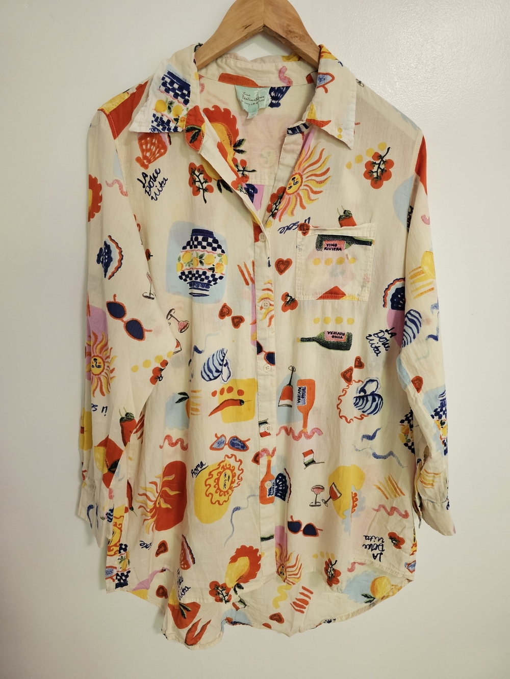 True Destinations Bright Multicolor Printed Button-Up Shirt Size Medium Cotton